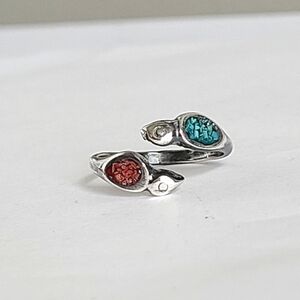 Vintage Boho Native Crushed Turquoise Red Coral Inlay Sterling Silver Snake Ring